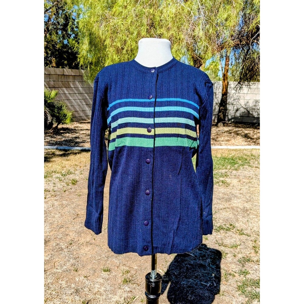 VTG Adolfo Navy Striped Lamb's Wool/Acrylic Cardigan Sweater Button-Up EUC